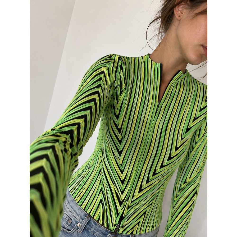 Andrea Rosati Green Striped Zip Front Top Chevron Mesh Size 4 Cyber Y2K Rave
